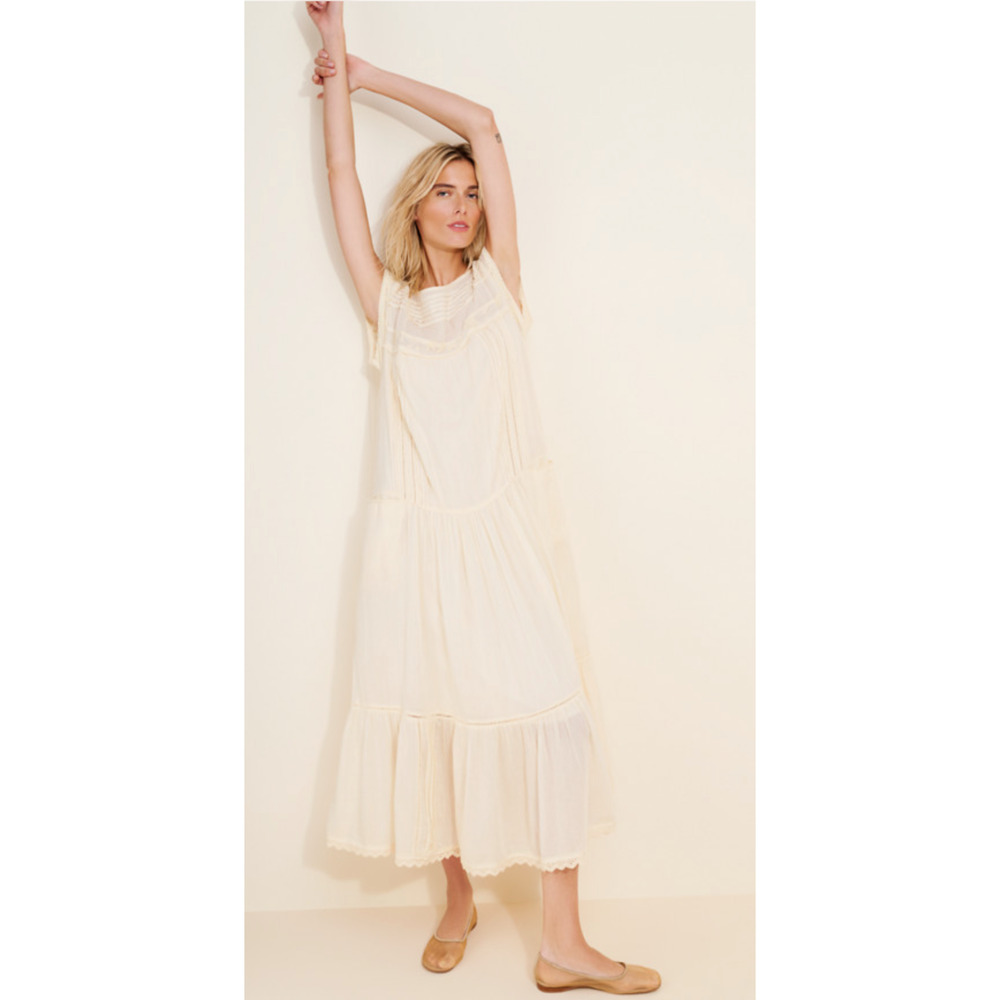 NEW FREE PEOPLE IVORY MEADOWS EDGE EYELET LACE PINTUCK MAXI DRESS SZ L - Picture 1 of 11